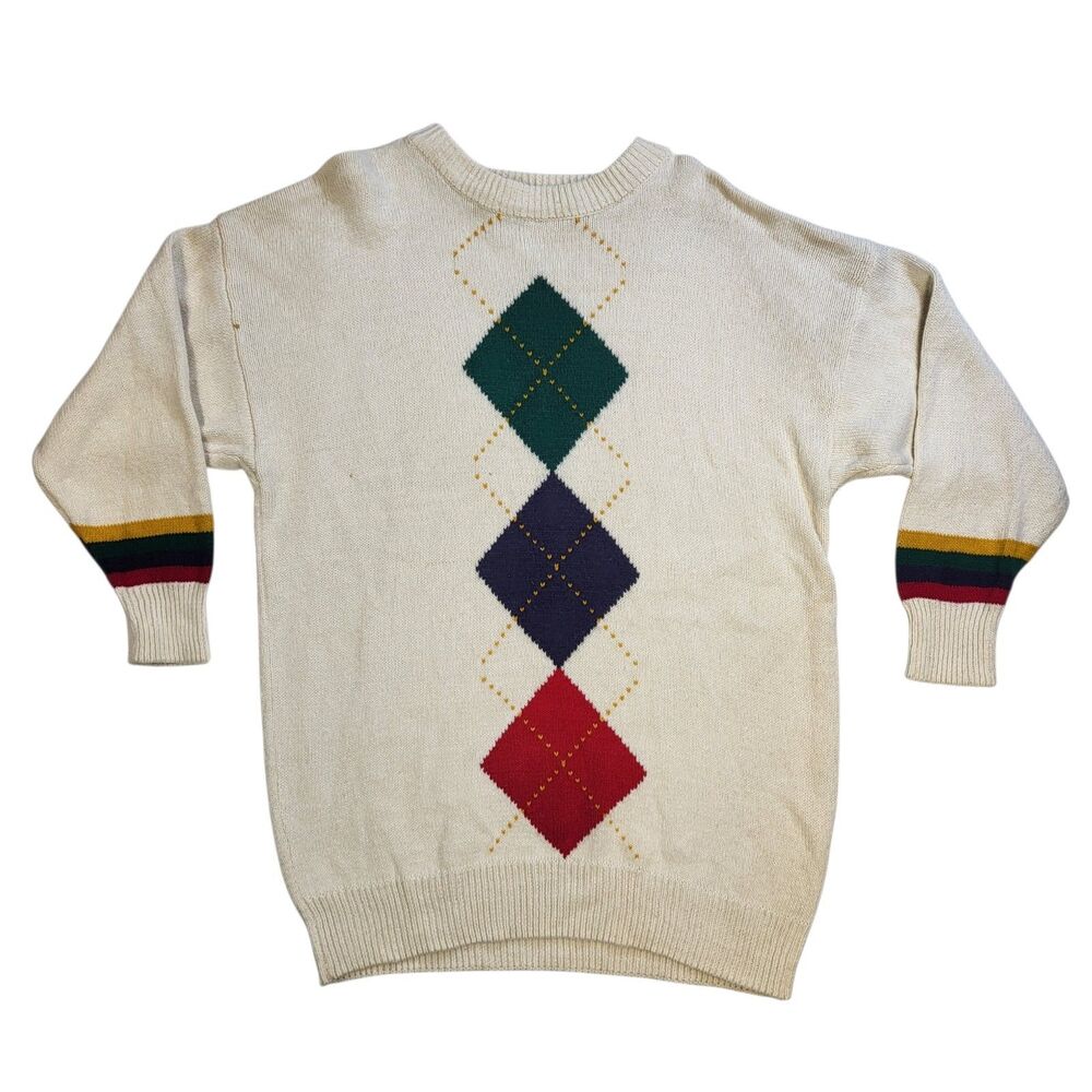 Vtg Classic Expressions White Sweater Women's 22W Argyle Diamond Grannycore READ